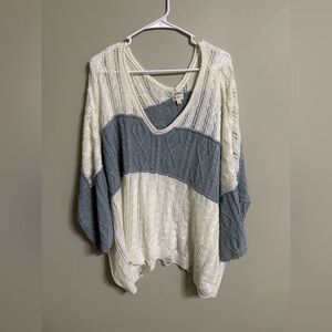 Pol Size Large Boho Color block V Neck Sweater Oversized Lightweight Cable Knit